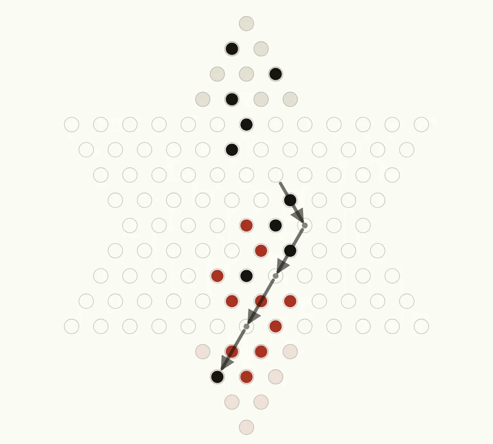 A real Chinese Checkers position showing a black piece making four consecutive jumps toward its destination